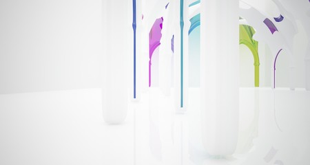 Abstract white and colored smooth gradient glasses gothic interior. 3D illustration and rendering.