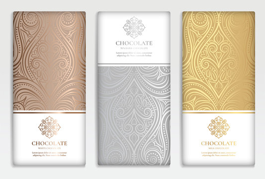 Luxury golden packaging design of chocolate bars. Vintage vector ornament template. Elegant, classic elements. Great for food, drink and other package types. Can be used for background and wallpaper.