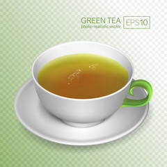 A cup of green tea isolated on transparent background. White porcelain tea cup in a realistic style. This cup can be placed on any background. Vector illustration