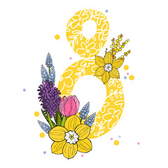 March 8.  International Women's Day. Hand drawn spring flowers. Vector sketch  illustration.