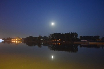 Naklejka na ściany i meble river, Kuban, moon, embankment, trees, Krasnodar, night city, Russia