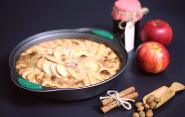 Preparation of apple pie at home. Homemade pastries with apples and nuts. Sweet dessert from apples baked.