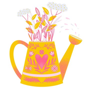Illustration of watering can with flowers