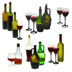 Set of glasses of wine and bottles on white. Isolated on white