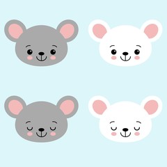 Cute cartoon mouse face. Little kawaii mouse. Vector illustration for children.