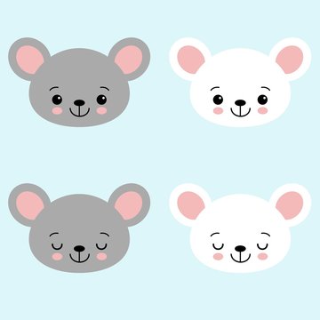 Cute cartoon mouse face. Little kawaii mouse. Vector illustration for children.