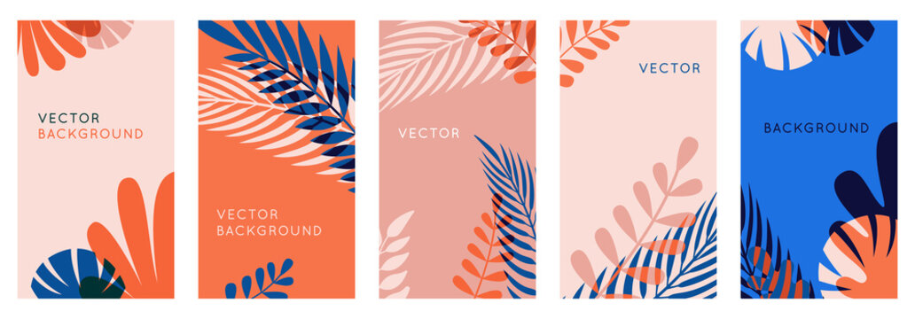 Vector set of abstract backgrounds with copy space for text, leaves and plants - bright vibrant banners in red and blue colors, posters, packaging cover design templates, social media stories wallpape