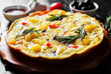 omelette with salmon fish, vegetables and olive in a plate on dark background