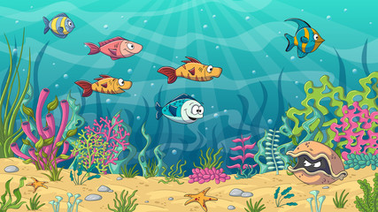 Naklejka na ściany i meble Underwater cartoon landscape with fishes and plants