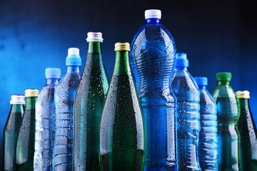 Different sorts of bottles containing mineral water