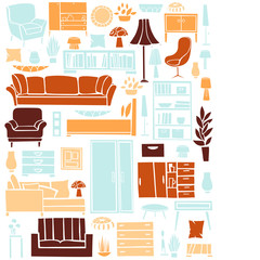Furniture, lamps and plants for the home. Vector background. Sketch  illustration.