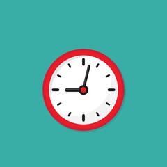 red and white clock. Flat icon isolated on powder blue.