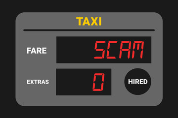 Taxi scam - taxi is cheating with meter - overcharging and expensive fare for transportartion. Vector illustration © M-SUR