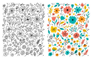 Doodle flowers Hand drawn floral set. Children cartoon drawing. Vector symbols