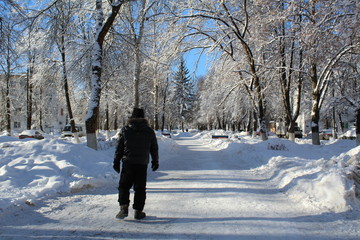 man walking in the winter forest 