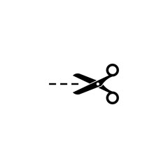 Black open scissors with stitch line icon isolated on white. Cut sign.