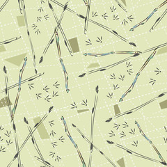 Tree branches seampless pattern. Trend spring natural geometric print for fabric. Tree branches on a beige background, dotted lines and traces of birds.