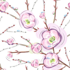 Apple blossom seamless pattern. Apple tree branches watercolor. Spring flowers of pink color for print and fabrics. Great pattern for bed linen. Great pattern for bed linen.