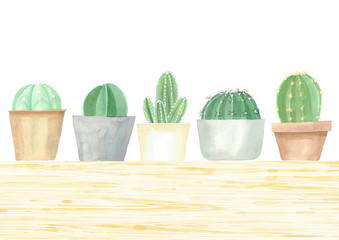 Watercolor of various cactus on wooden table. View from side. © khunchomvectors