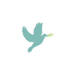 Blue dove with green olive sprig. Icon isolated on white. Peace vector symbol. International