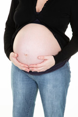 Pregnant woman belly standing isolated over white backgrond