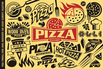 Pizza symbols, logos, signs, icons, emblems, ingredients and design elements collection. Vector food illustration.