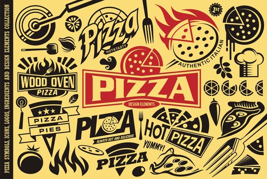 Pizza symbols, logos, signs, icons, emblems, ingredients and design elements collection. Vector food illustration.