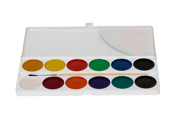Closeup water-color paint-box. Isolated on white.
