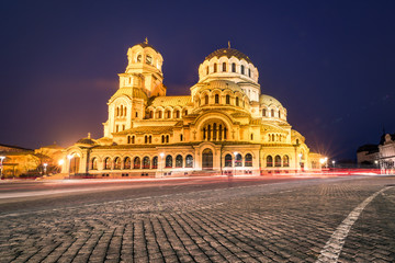 Night view of .Alexander Nevsky Cathedral in golden color at night, Sofia, Bulgaria.