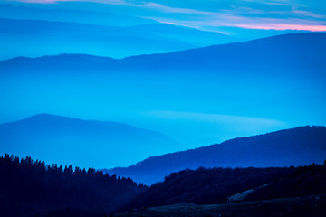 Aerial view landscape of Layers of Mountain Ridges and fog