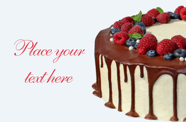 Chocolate cake with icing and fresh berry on white isolated background and place for text.