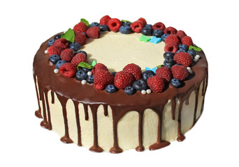 Chocolate cake with icing and fresh berry on white isolated background