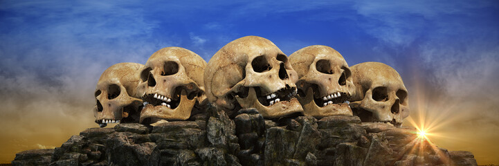 human skulls at sunset. 3d rendering	