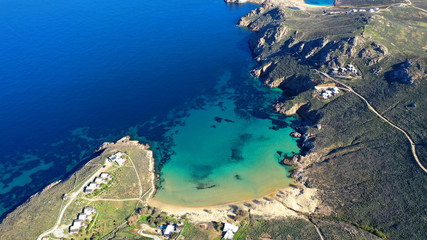 Naklejka premium Aerial drone photo of beautiful sandy beach with deep turquoise sea of Psili Amos in island of Serifos at spring, Cyclades, Greece