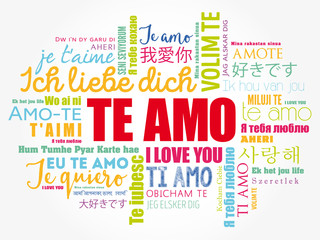 Te amo (I Love You in Spanish) in different languages of the world, word cloud background