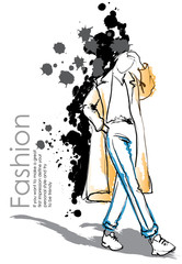 Hand drawn beautiful young woman. Stylish girl. Fashion woman sketch. Fashion model girl.