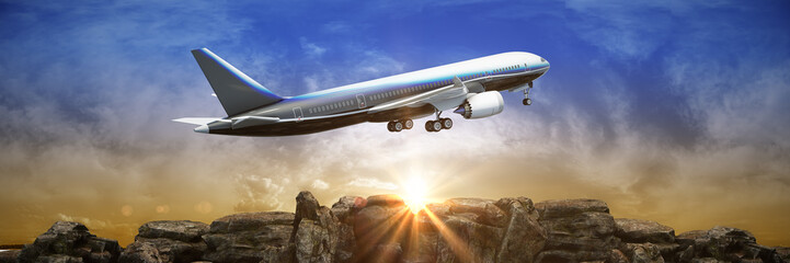 Airplane taking off at sunset. 3d rendering