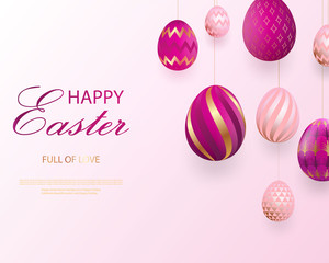 Fototapeta na wymiar Happy Easter lettering with pink gold realistic looking eggs. Vector. Geometric patterns. Resurrection Sunday greeting card, postcard, invitation, poster, banner template.