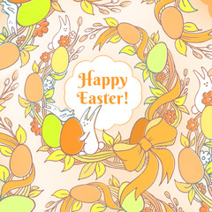 Easter print. Floral doodle background with pink, orange, yellow, colored Easter eggs, rabbits and leaves. Happy Easter text. Graphic greeting card with bunny, beautiful banner, invitation, design