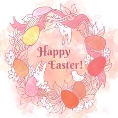 Easter spring holiday print. Artistic graphic drawing for traditional greeting card. Floral wreath design with white bunny, pink, red and yellow colorful easter eggs and flowers. Happy Easter text