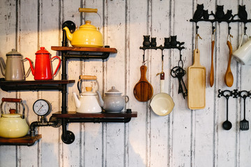 Kitchen interior vintage style on rustic wooden background/ Vintage kitchenware