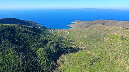 Fototapeta na wymiar Aerial drone photo of beautiful green landscape in picturesque island of Serifos, Cyclades, Greece