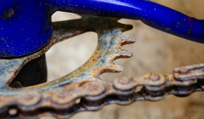 Rusti chain on old kids bike close up