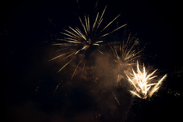 Multiple bright colorful fireworks explosion in the sky. Beautiful pyrotechnics sparkling with...