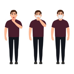 Fototapeta premium A sick man in a mask, coughing, and holding on to his throat, an infectious disease of a man, a young man with poor health, a character in a mild style