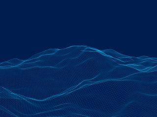 Polygonal uneven terrain. 3D. Wireframe of the surface of the mountains of the blue lines. Vector illustration