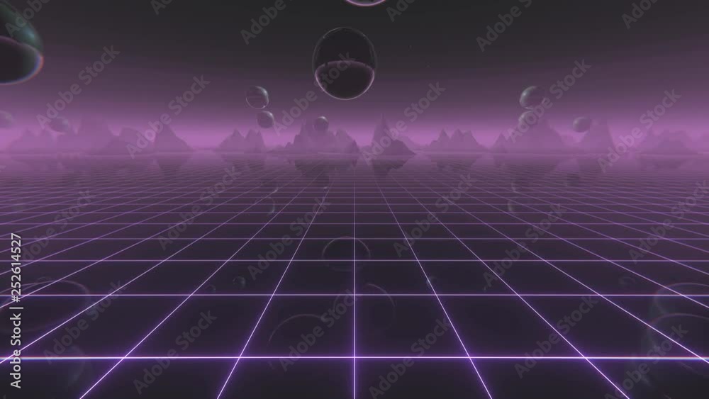 Wall mural retro futuristic motion graphics. flight over the digital landscape with floating ball objects in th