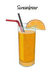 Screwdriver cocktail, with orange decorations, sraw. For cafe and restaurant menu, packaging and advertisement. Hand drawn. Isolated image. Vector illustration.