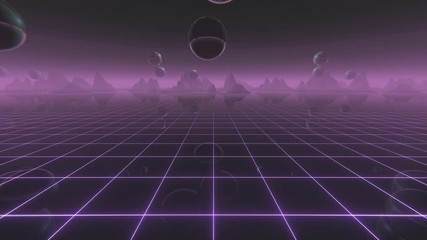 Retro futuristic motion graphics. Flight over the digital landscape with floating ball objects in the space. Retro Wave 80s style animation with mountains and laser grid on the ground - Powered by Adobe