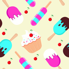 Vector seamless pattern with cap cake, ice cream in colored glaze and chocolate. Cute background for textile or fabric, ice cream cafe, menu cover, design banner, wrapping paper for sweets shop, print